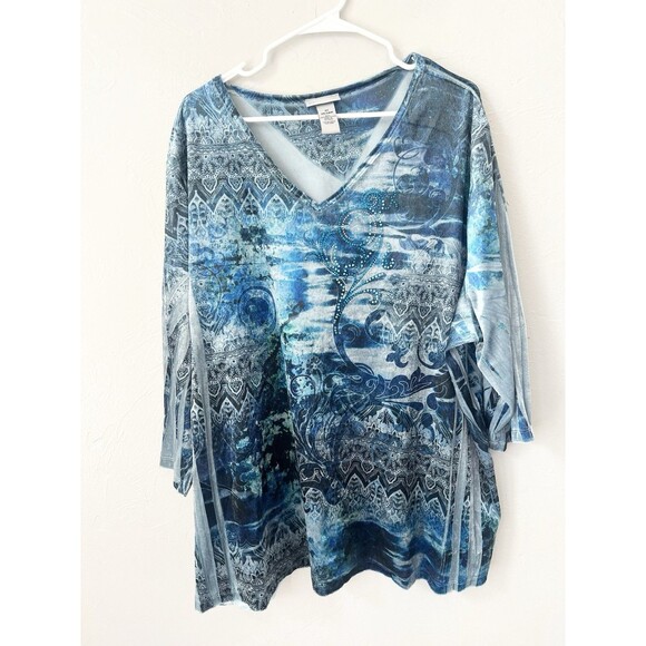 Catherines 3X 26/28W Top Pullover Velvet Burn Out Blue Boxy Tunic Shirt Stretch - Picture 1 of 7